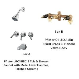 NIB Pfister Bundle 3 Tub & Shower Faucet W/ Metal Lever Handle Polished Chrome